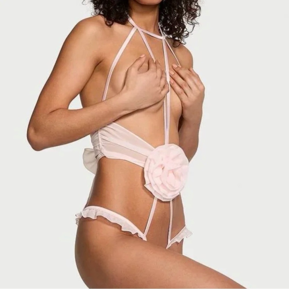 NWT Victoria’s Secret chiffon rosette floral ruffles teddy crotchless open cup